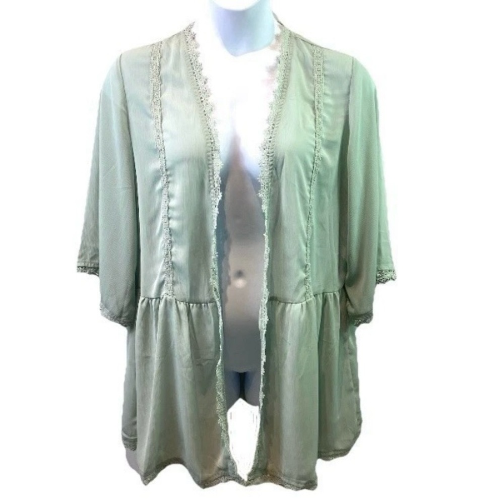 Elesol Womens Kimono Open Front Cardigan Lace Trim Light Sage Green Boho Flowy L